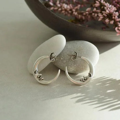 Vintage Antique Silver Engraved Thick MOON Hoop Earrings