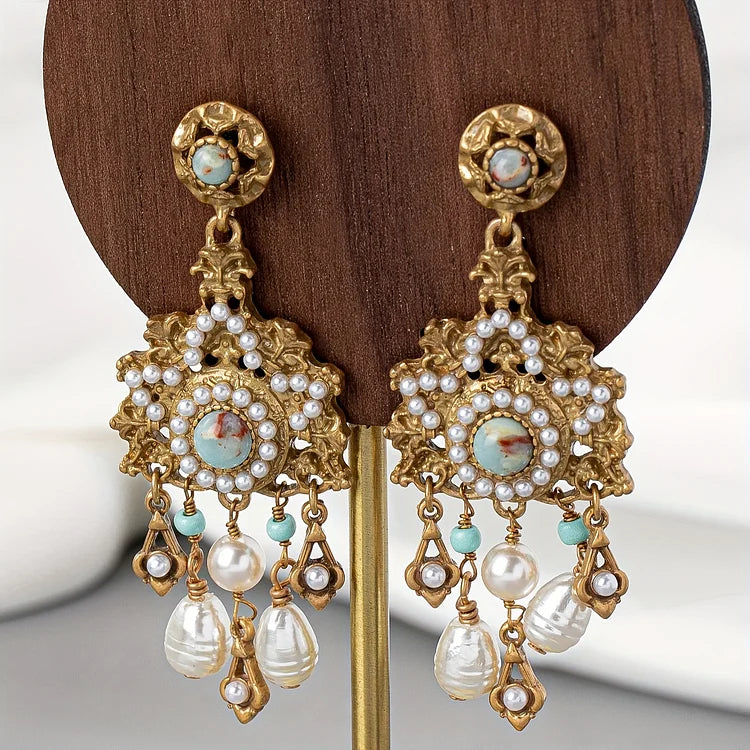 Vintage Golden Plated Copper Freshwater Pearls Earrings