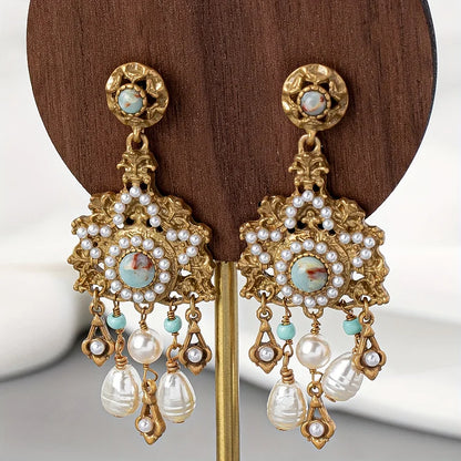 Vintage Golden Plated Copper Freshwater Pearls Earrings