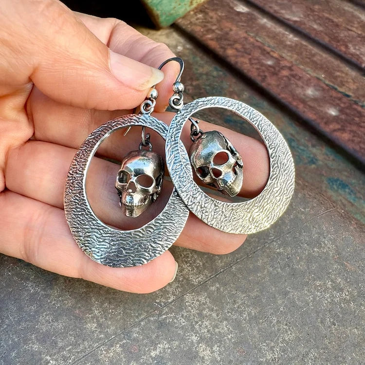 Vintage Silver Calavera Skeleton Hoop Earrings