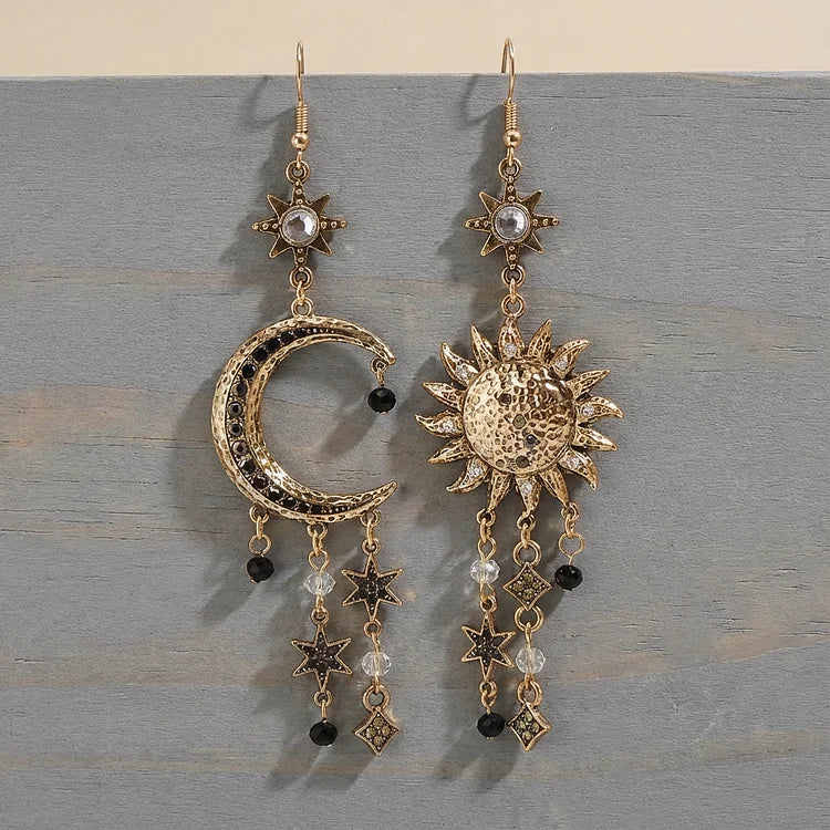 Vintage Sun Moon Design Rhinestone Inlaid Asymmetric Dangle Earrings