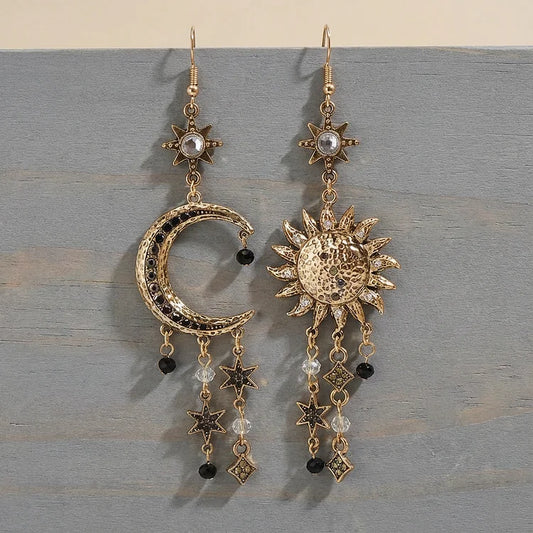 Vintage Sun Moon Design Rhinestone Inlaid Asymmetric Dangle Earrings