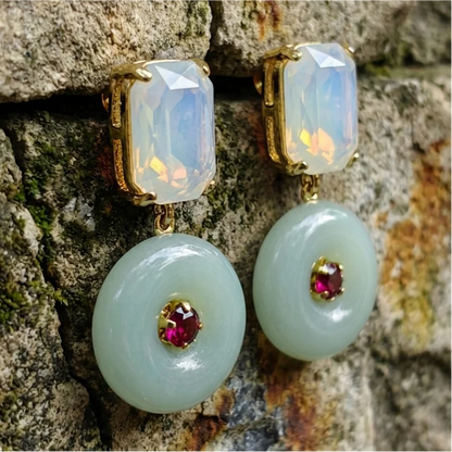 Silver Vintage Jade Donut Moonstone Drop Earrings
