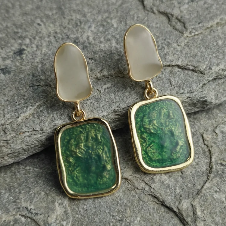 Silver Vintage Green Resin Geometric Drop Earrings