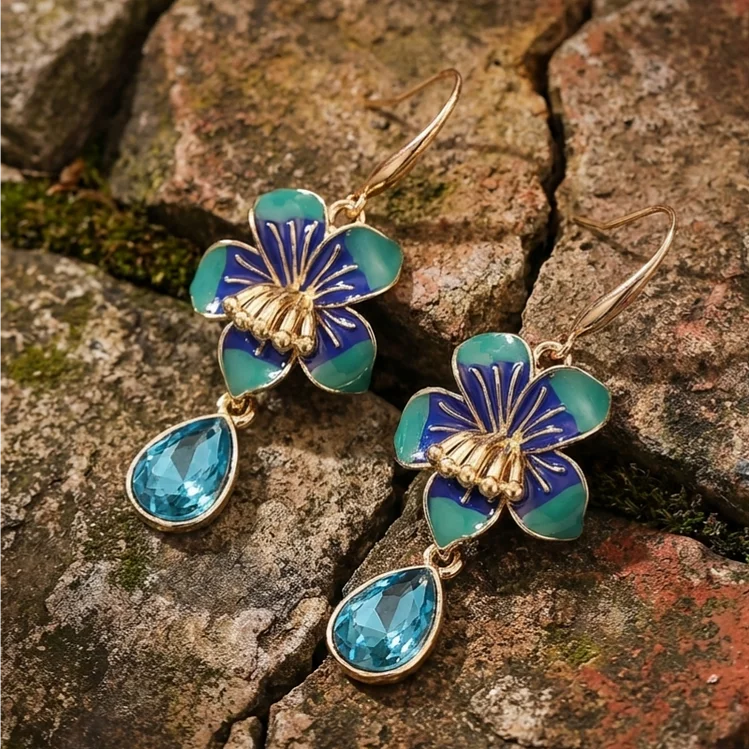 Vintage Enamel Pansy Flower Drop Earrings