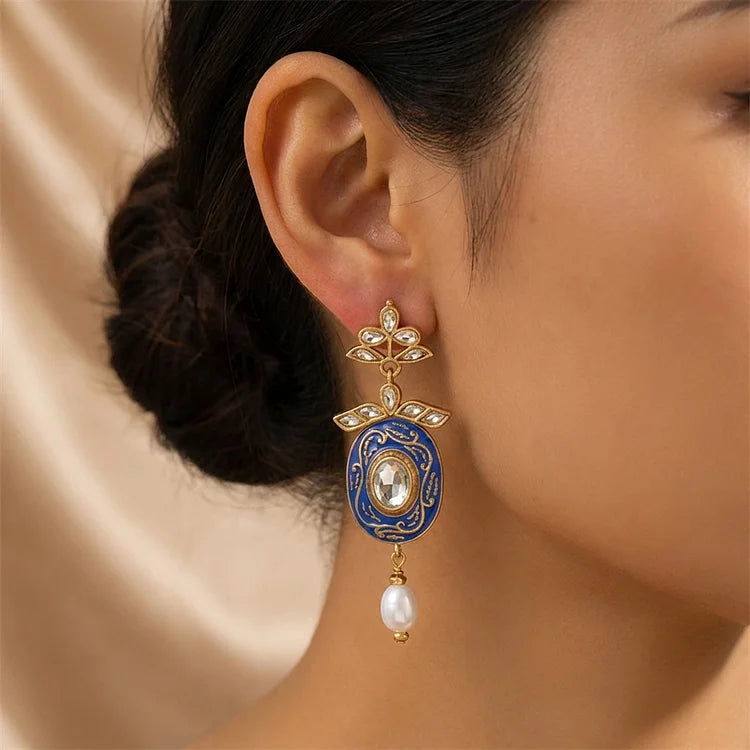 Vintage Royal Blue Enamel Pearl Earrings