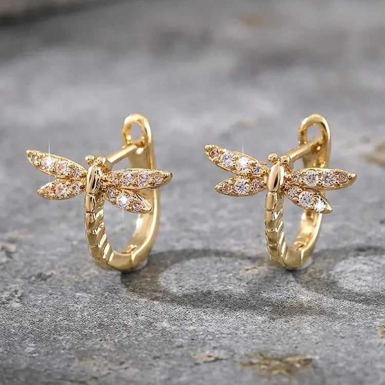 Vintage Round Inlaid Zirconia Dragonfly Earrings