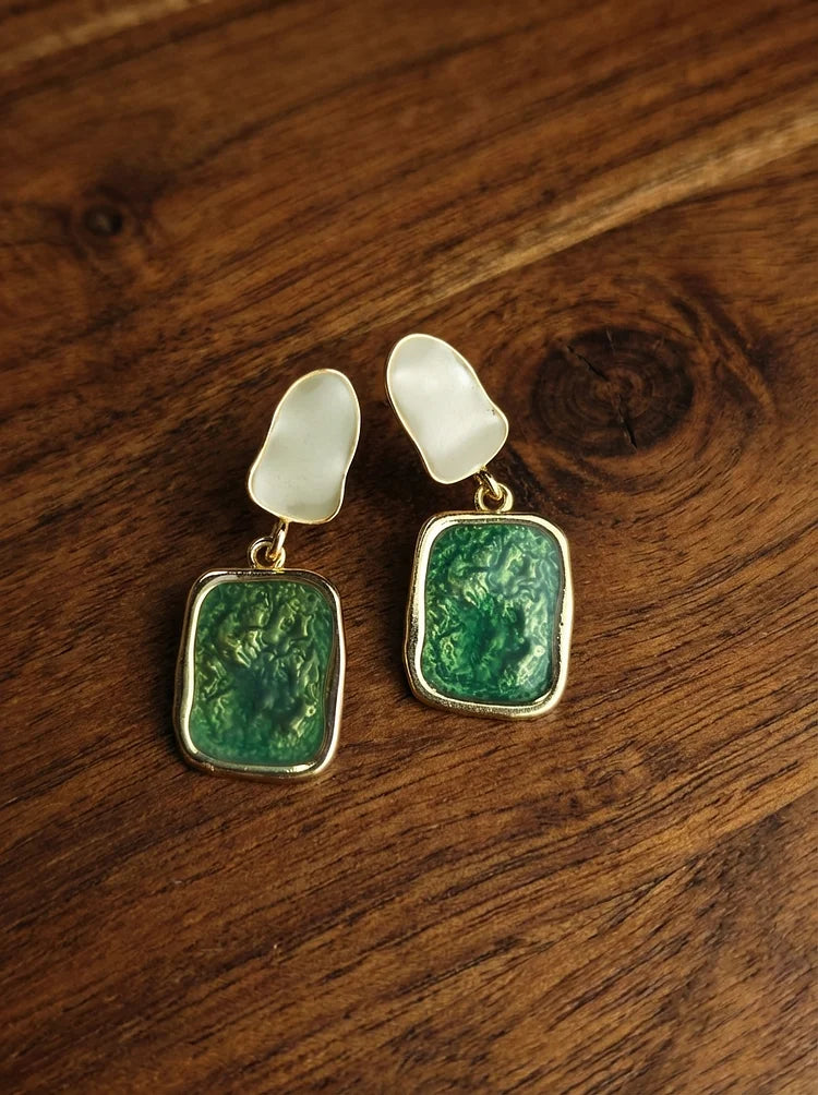 Silver Vintage Green Resin Geometric Drop Earrings