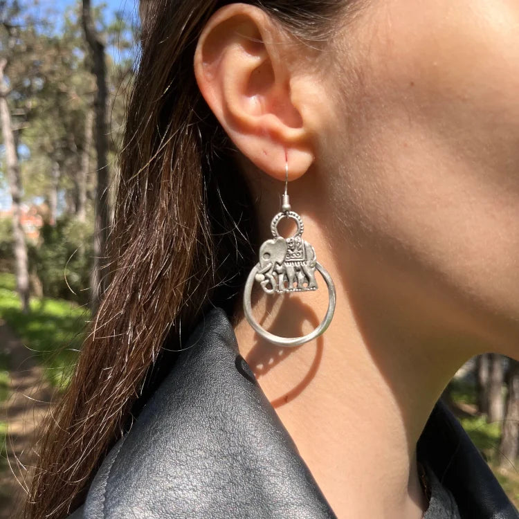 Vintage Bohemian Silver Elephant Earrings