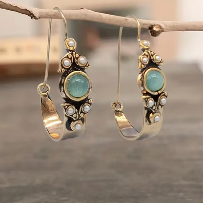 Vintage Mint Cabochon Pearl Hoops