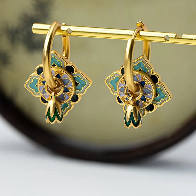 Vintage Enamel Copper Plated Flower Earrings