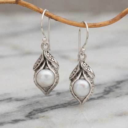 Vintage Dangling Pearl Silver Earrings