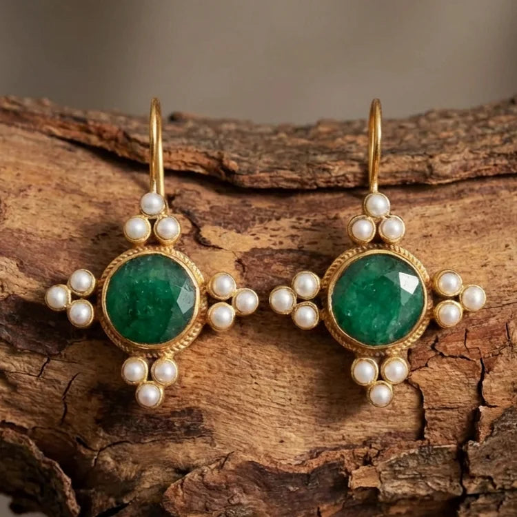 Vintage Green Crystal & Pearls Earrings