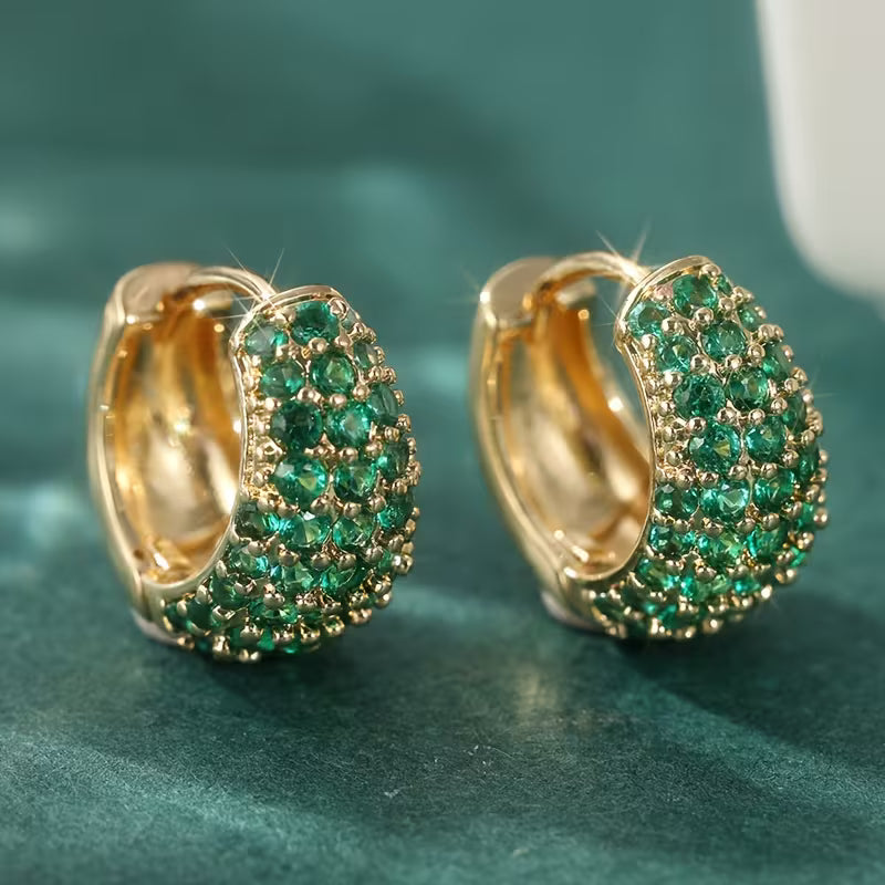 Vintage Style Green Zirconia Hoop Stud Clip Earrings