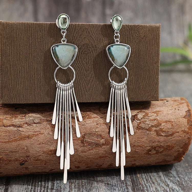 Vintage Geometric Tassel Inlaid Gemstone Earrings