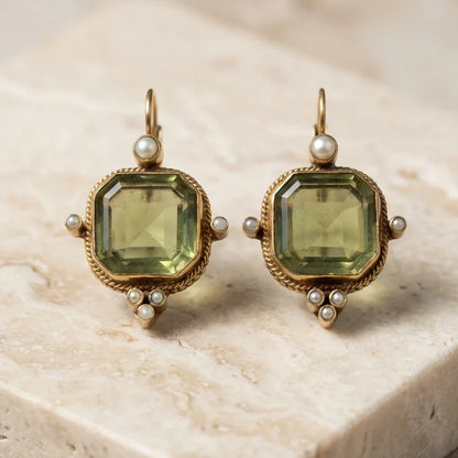 Vintage Hexagonal Green & Pearl Earrings