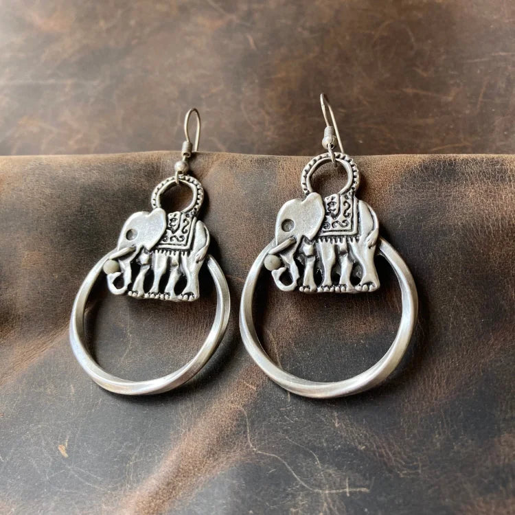 Vintage Bohemian Silver Elephant Earrings
