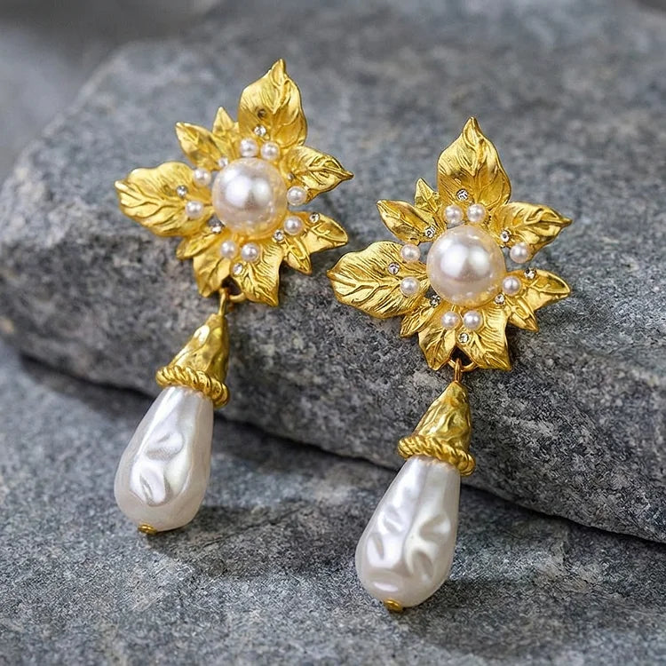 Vintage Baroque Pearl Flower Drop Earrings