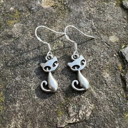 Vintage Tiny Cat Statement Dangle Hoop Earrings