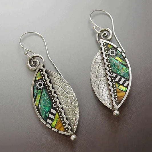 Vintage Green Crystal Leaf Silver Earrings
