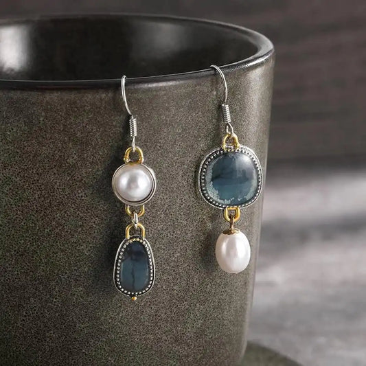 Vintage Blue Stone Pearl Earrings