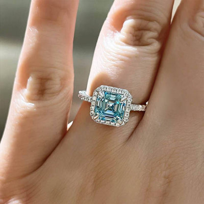 Halo Asscher Cut Aquamarine Engagement Ring