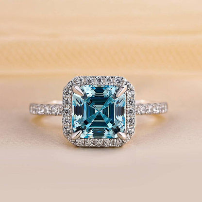 Halo Asscher Cut Aquamarine Engagement Ring