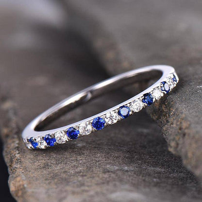 Round Cut Half Eternity Blue And White Sapphire Wedding Ring