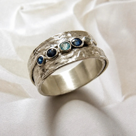 Blue Inlaid Stones Silvered Ring