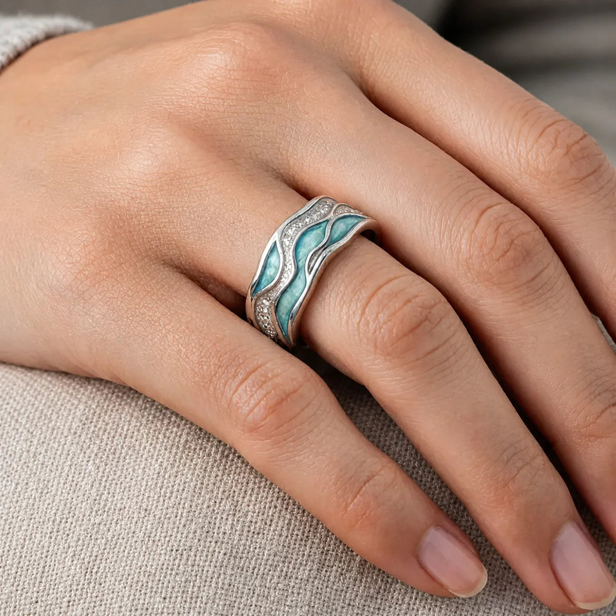 Turquoise Ocean Ripple Ring