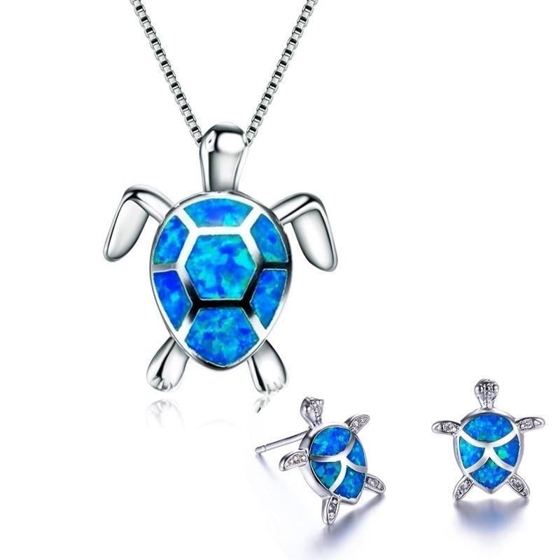 Sea Turtle Opal & Silver Necklace + Earrings