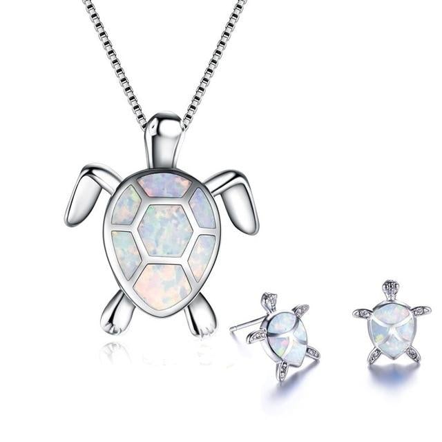 Sea Turtle Opal & Silver Necklace + Earrings